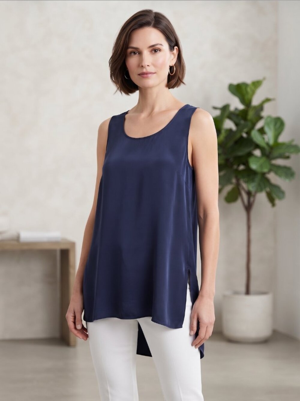 Eileen Fisher 100% Silk Navy Blue Sleeveless Tunic Top – Size S/P- MSRP $188+